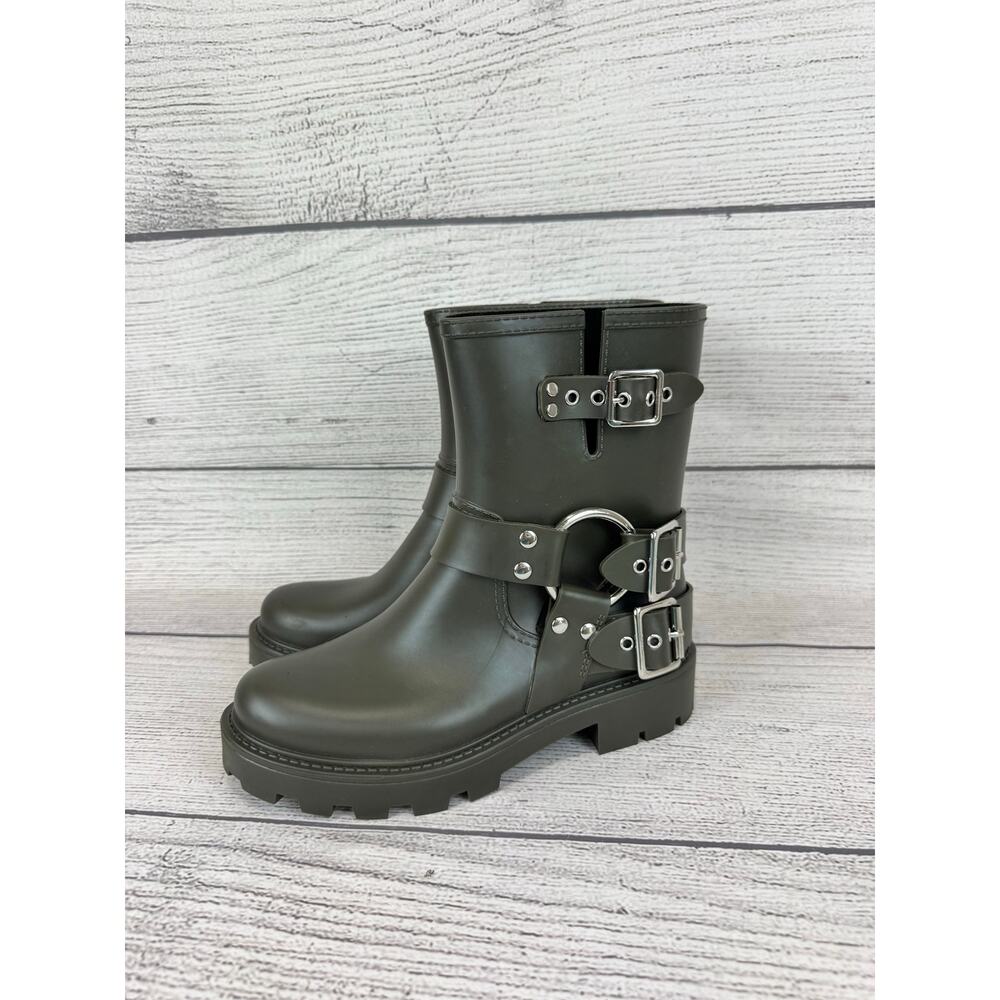 Jeffrey Campbell Women's Green Controller Chunky Buckle Moto Rain Boots Size 8